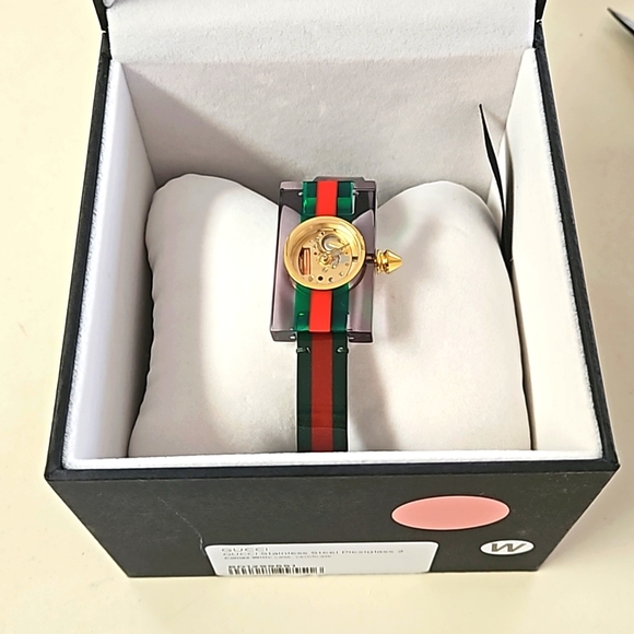 Authentic Gucci Watch Red Green Plexiglass Gold Bee Modern Luxury Designer Watch - Picture 2 of 16